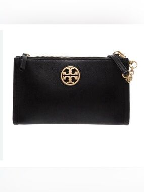Tory Burch Black Pebbled Leather Crossbody with Gold Logo